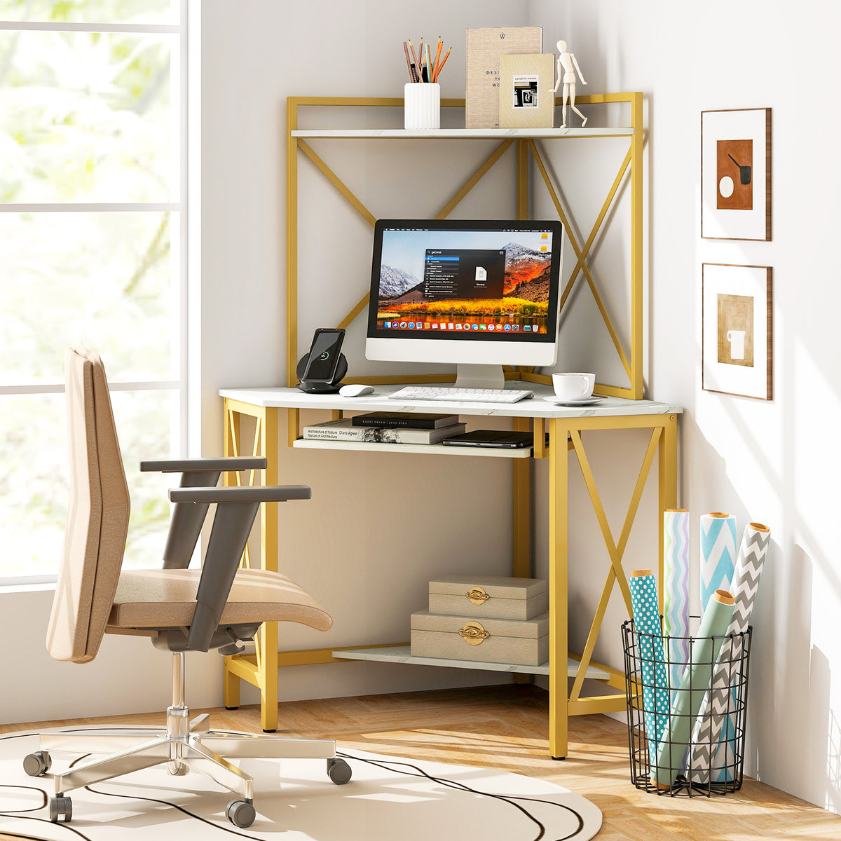 Space-Saving Corner Computer Desk with with Hutch and Keyboard Tray-White-Corner Desks-DECOROLALA