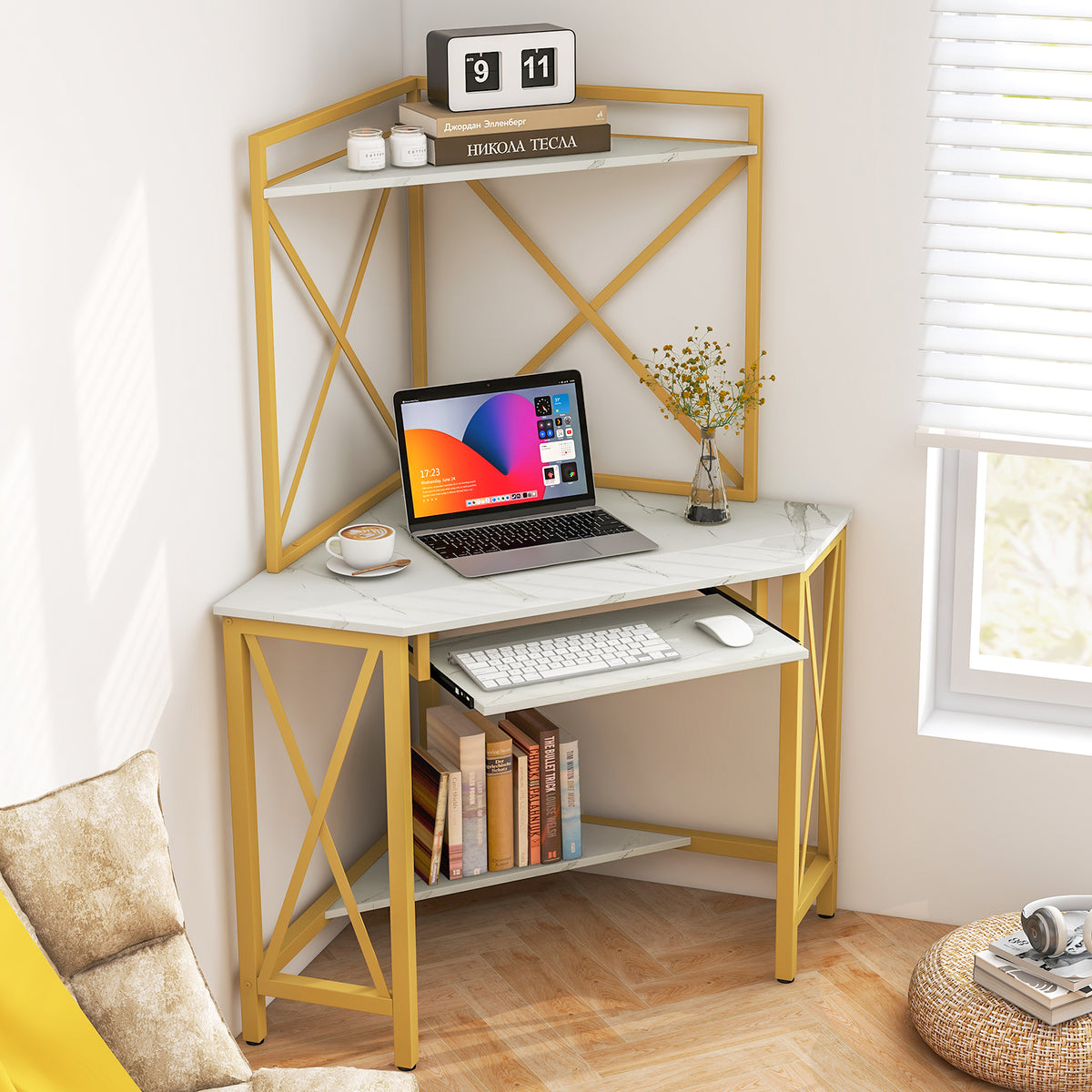 Space-Saving Corner Computer Desk with with Hutch and Keyboard Tray-White-Corner Desks-DECOROLALA