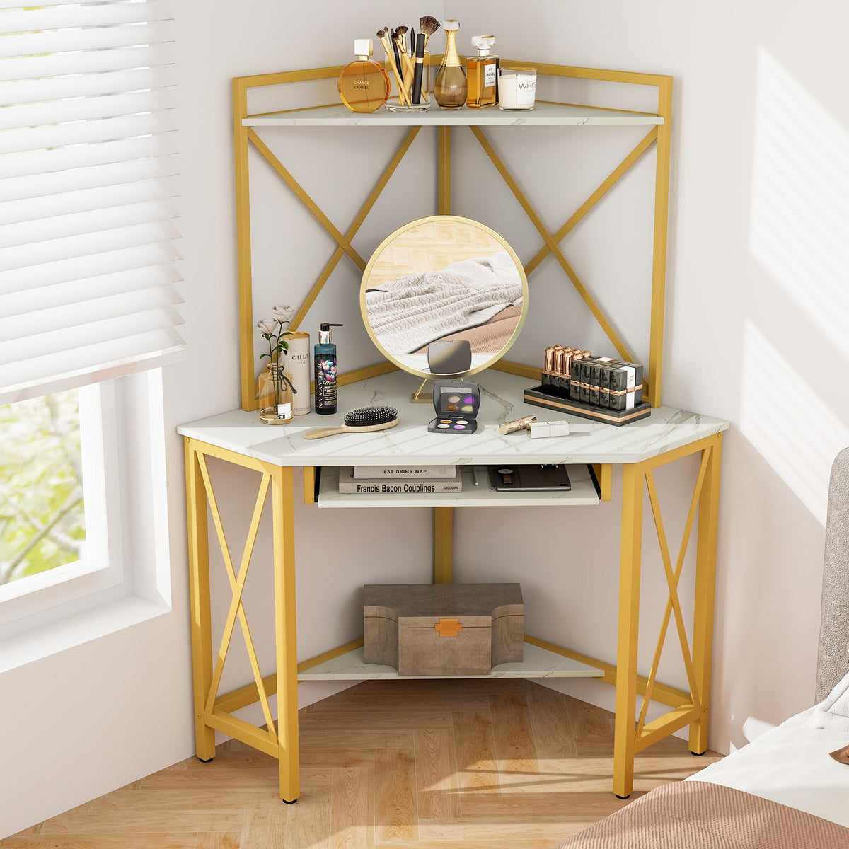 Space-Saving Corner Computer Desk with with Hutch and Keyboard Tray-White-Corner Desks-DECOROLALA