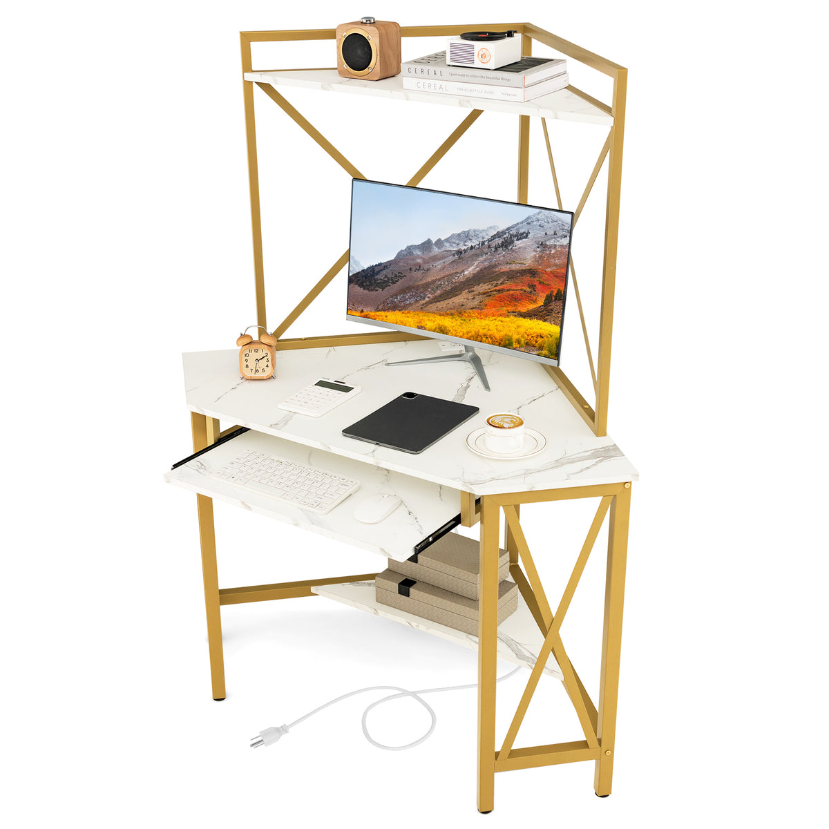 Space-Saving Corner Computer Desk with with Hutch and Keyboard Tray-White-Corner Desks-DECOROLALA
