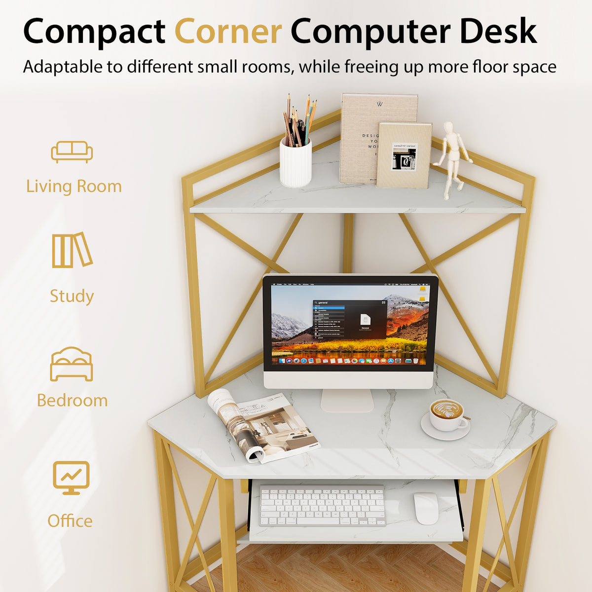 Space-Saving Corner Computer Desk with with Hutch and Keyboard Tray-White-Corner Desks-DECOROLALA