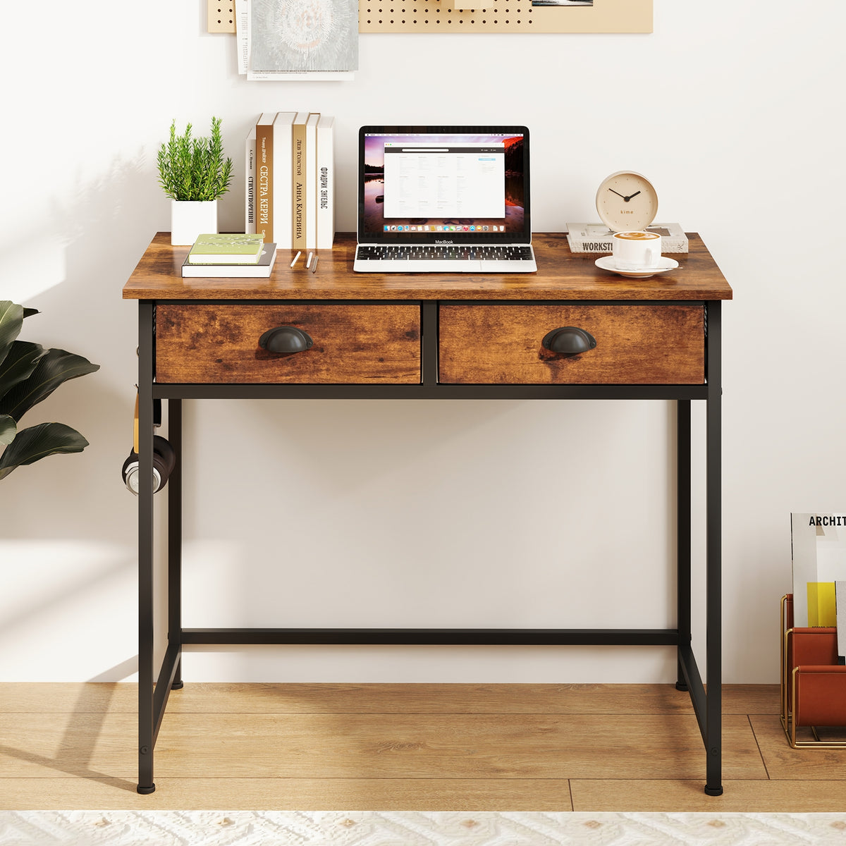 Space Saving Home Office Desk with 2 Fabric Drawers and 4 Hanging Hooks-Rustic Brown-Computer Desks-DECOROLALA