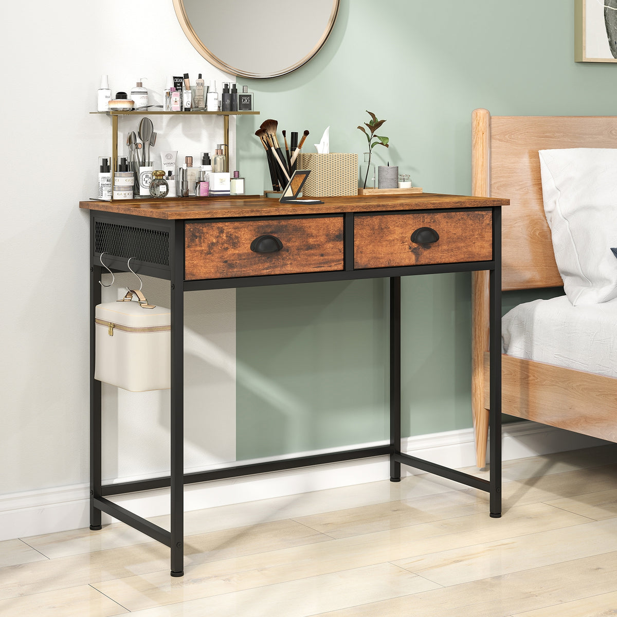 Space Saving Home Office Desk with 2 Fabric Drawers and 4 Hanging Hooks-Rustic Brown-Computer Desks-DECOROLALA