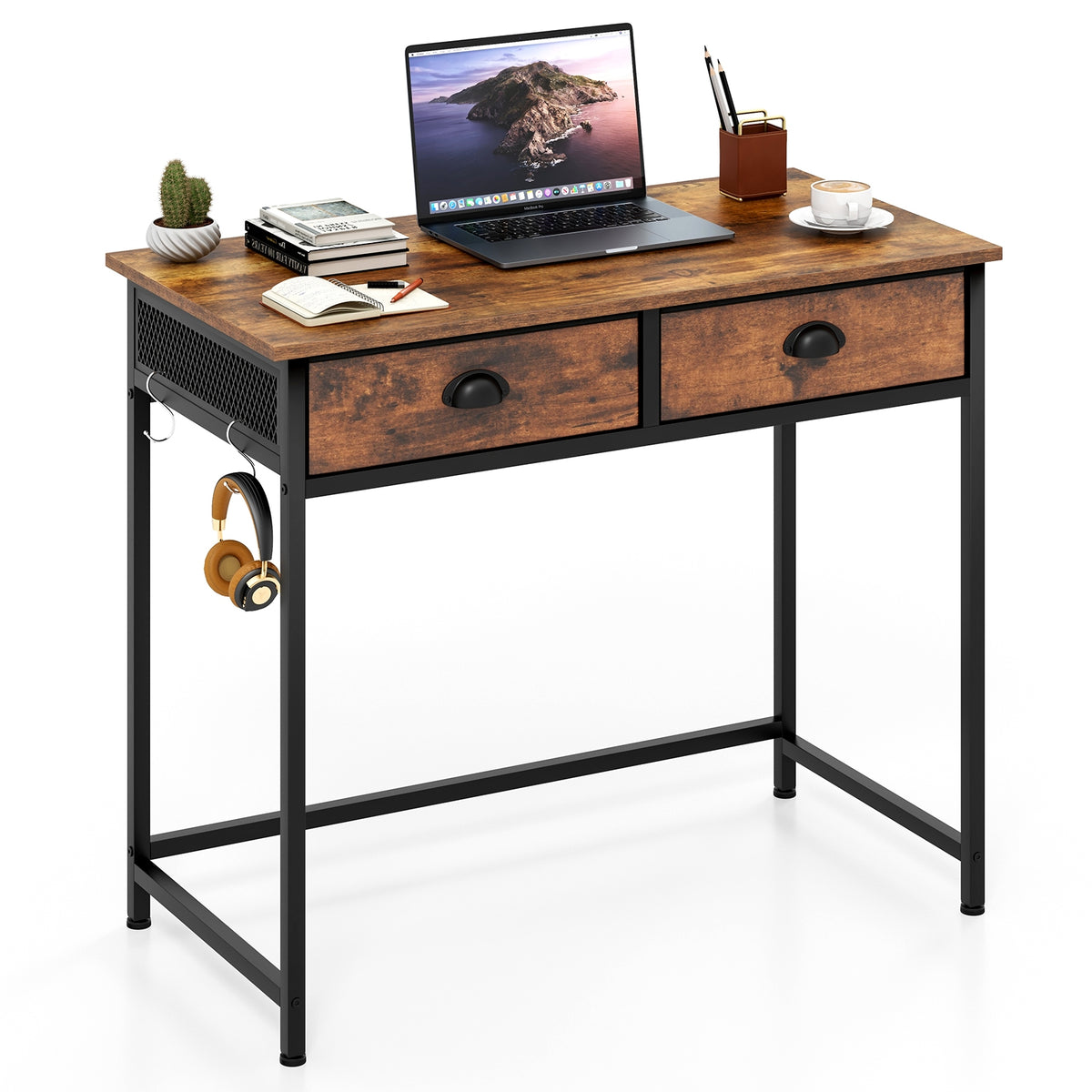 Space Saving Home Office Desk with 2 Fabric Drawers and 4 Hanging Hooks-Rustic Brown-Computer Desks-DECOROLALA