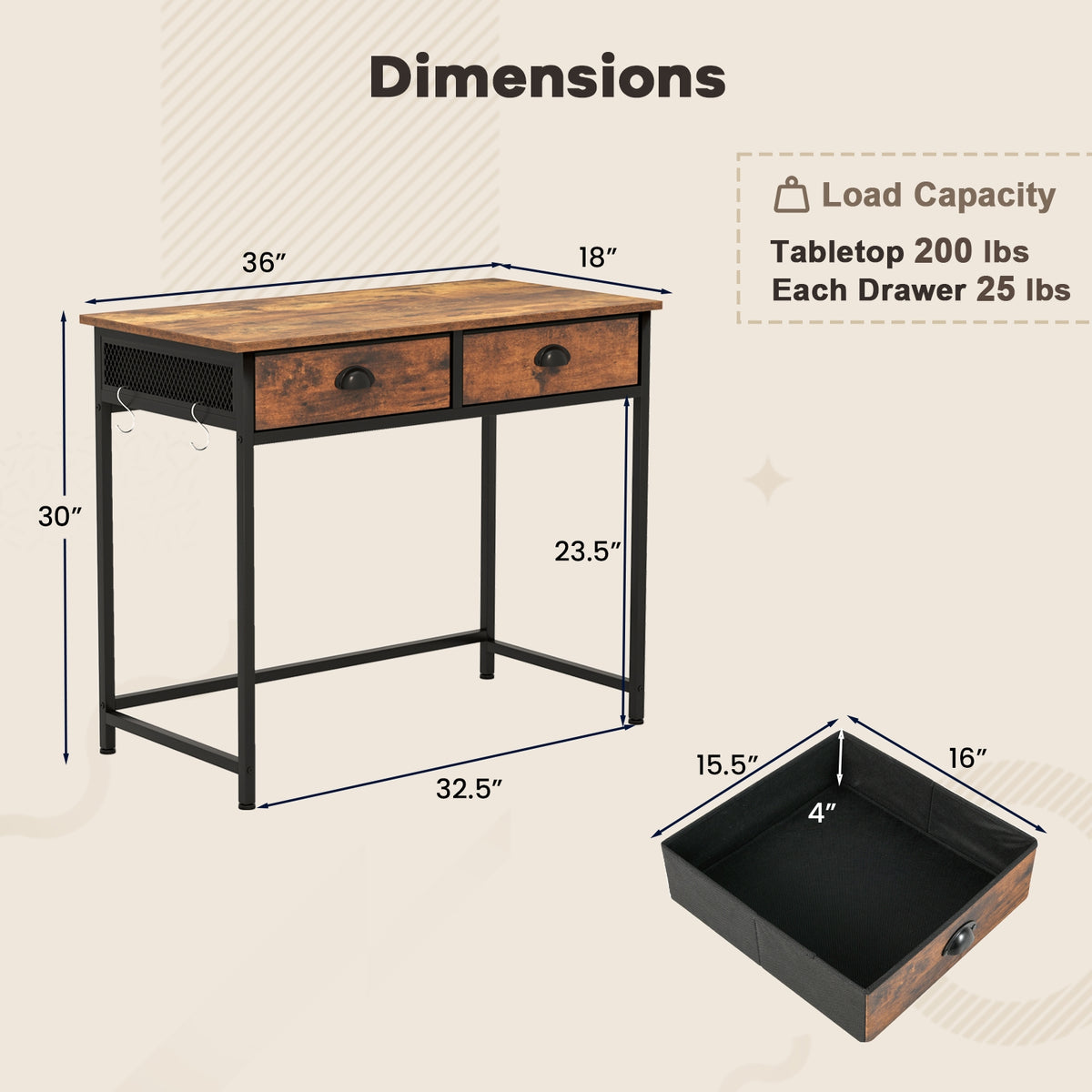 Space Saving Home Office Desk with 2 Fabric Drawers and 4 Hanging Hooks-Rustic Brown-Computer Desks-DECOROLALA
