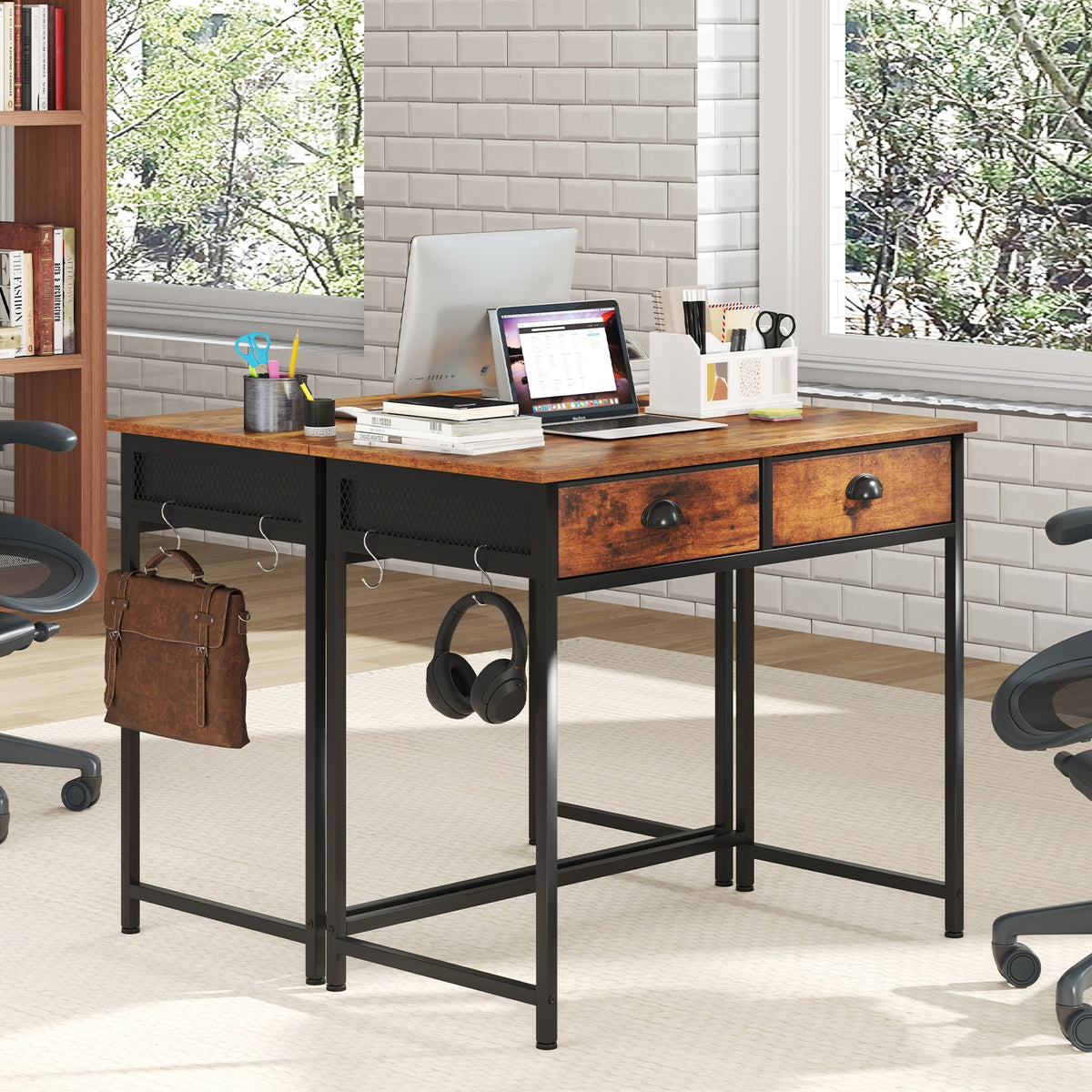 Space Saving Home Office Desk with 2 Fabric Drawers and 4 Hanging Hooks-Rustic Brown-Computer Desks-DECOROLALA