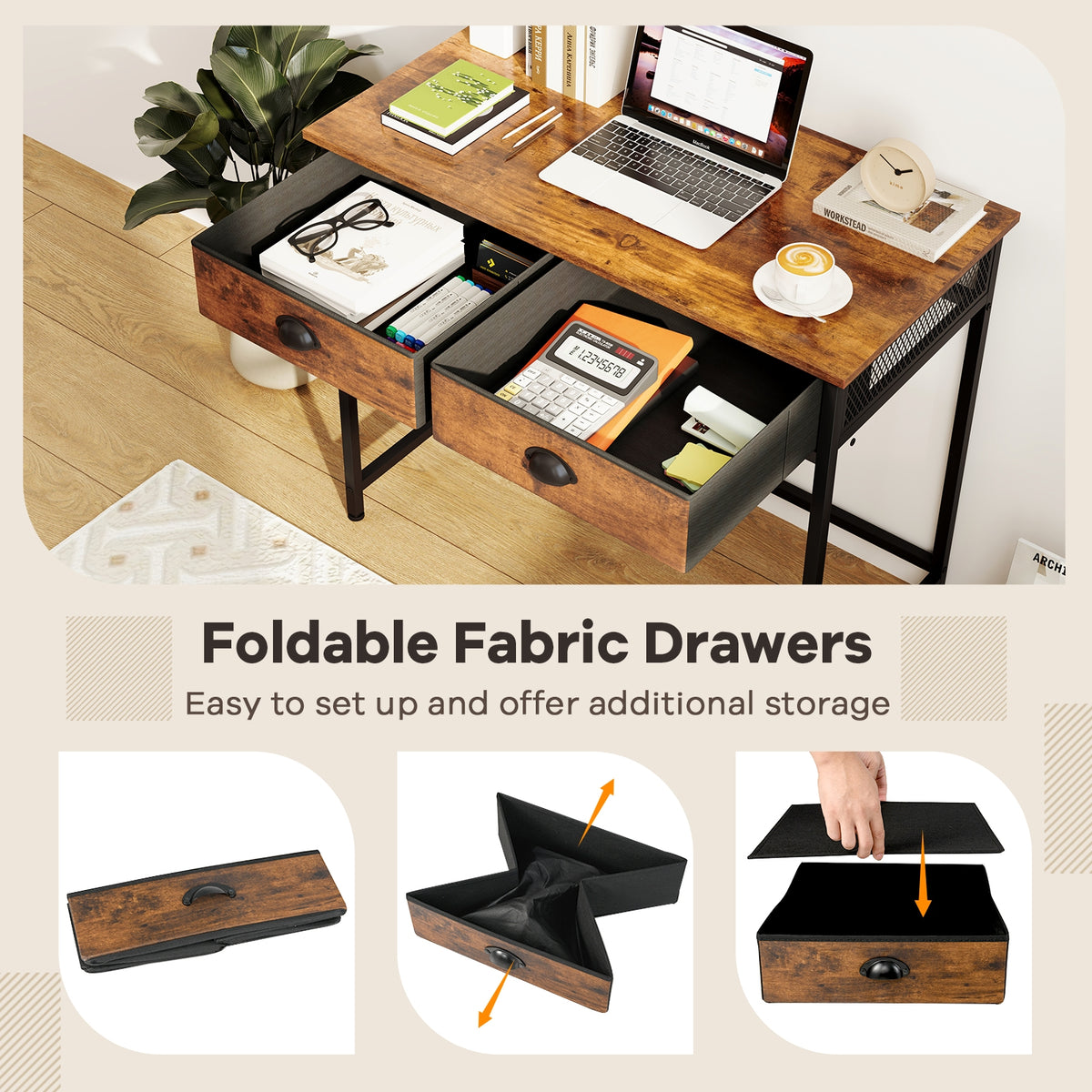 Space Saving Home Office Desk with 2 Fabric Drawers and 4 Hanging Hooks-Rustic Brown-Computer Desks-DECOROLALA