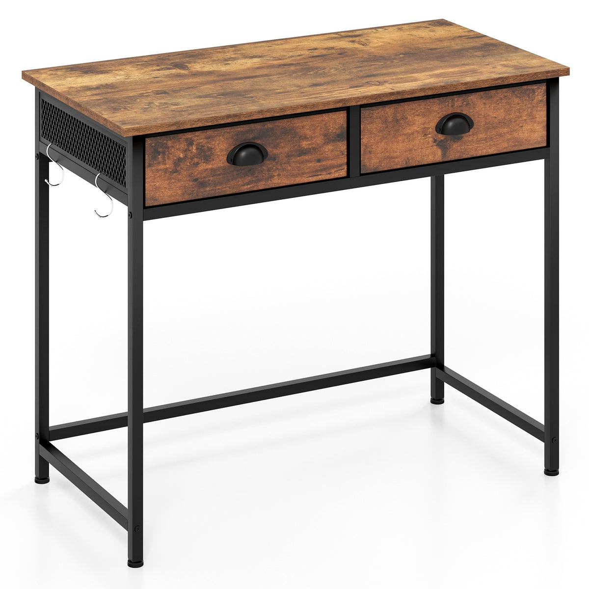 Space Saving Home Office Desk with 2 Fabric Drawers and 4 Hanging Hooks-Rustic Brown-Computer Desks-DECOROLALA