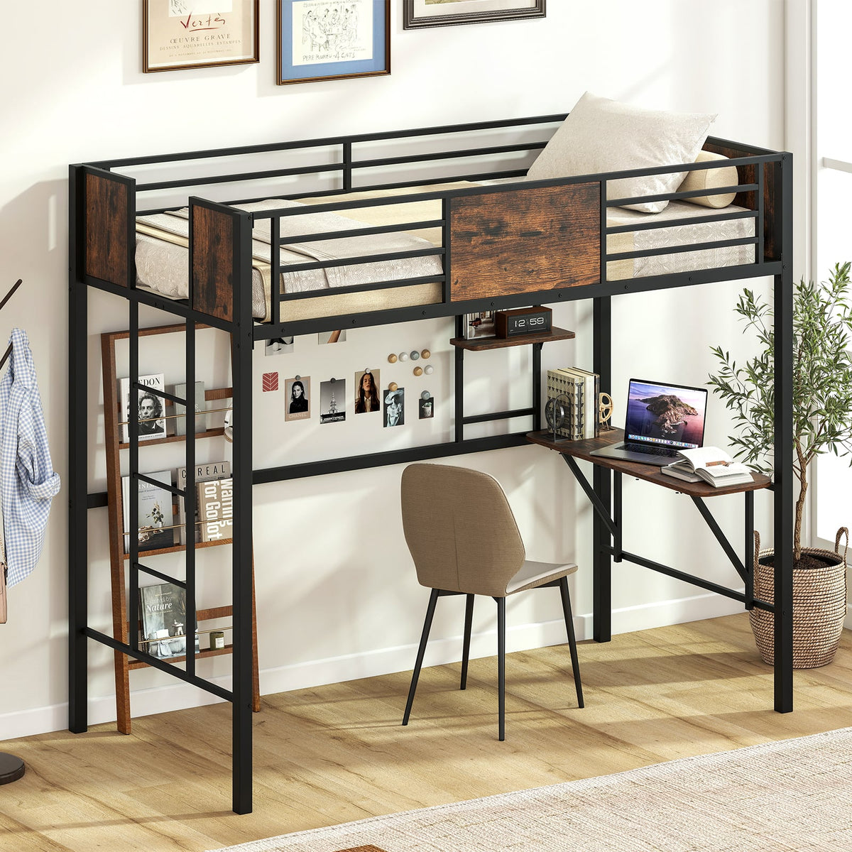 Space-Saving Twin Loft Bed with Safety Guardrail and Ladder-Coffee-Simple Bed Frame-DECOROLALA