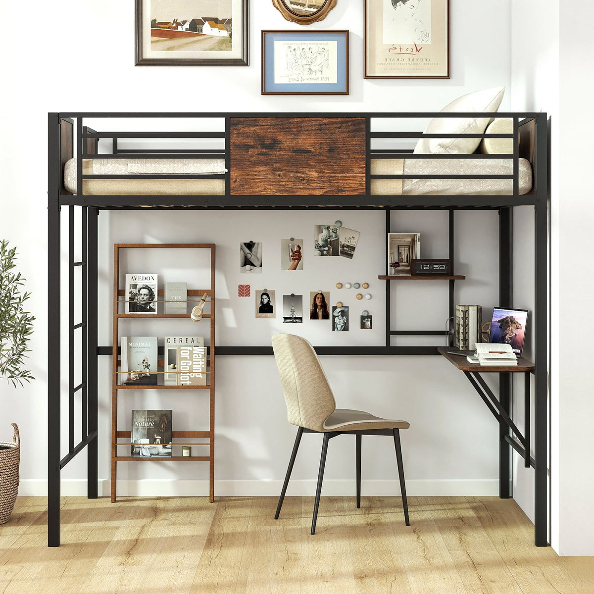Space-Saving Twin Loft Bed with Safety Guardrail and Ladder-Coffee-Simple Bed Frame-DECOROLALA