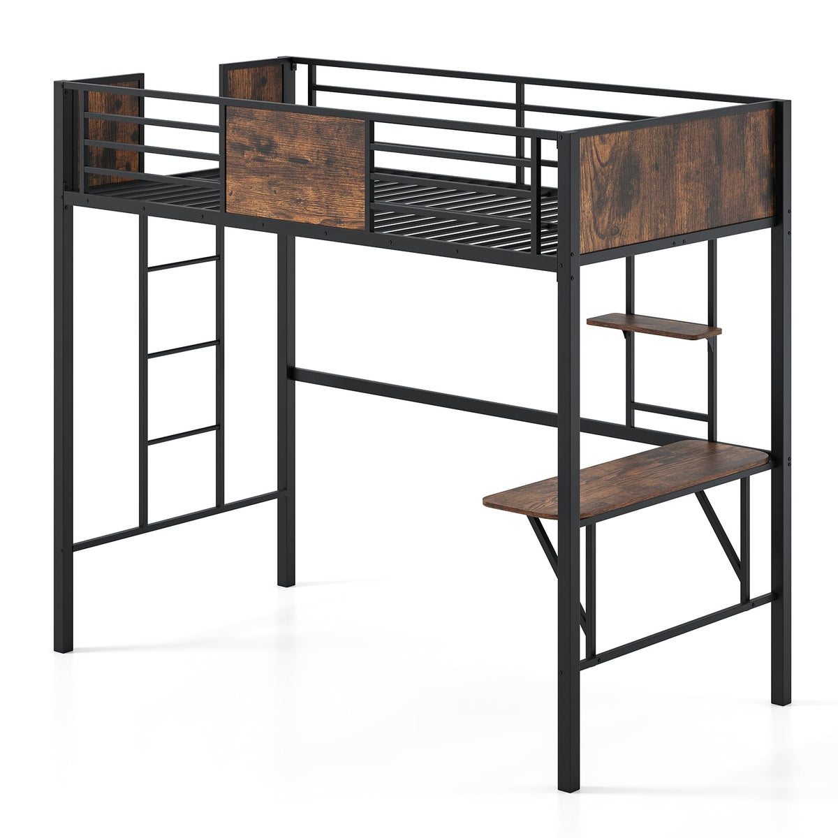 Space-Saving Twin Loft Bed with Safety Guardrail and Ladder-Coffee-Simple Bed Frame-DECOROLALA