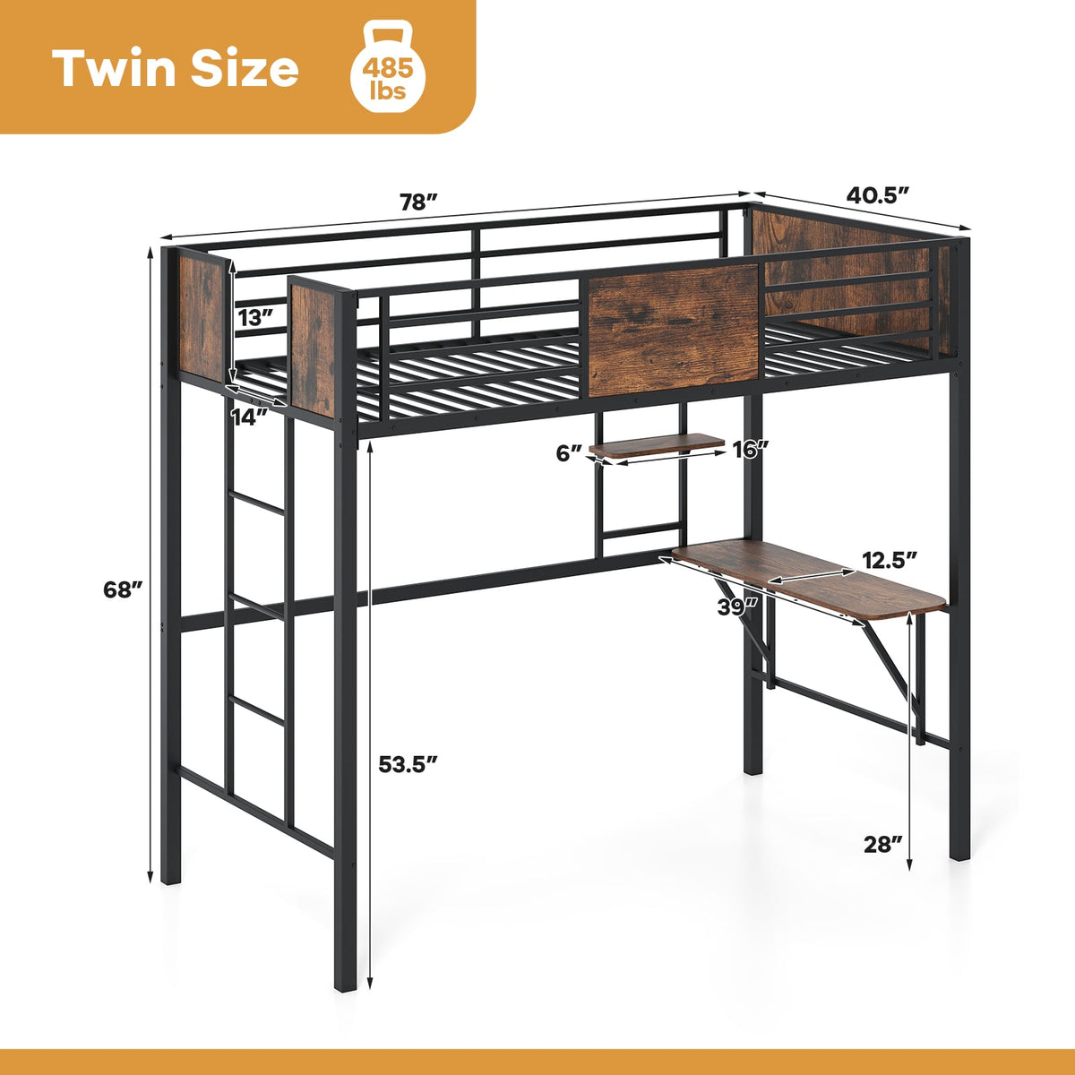 Space-Saving Twin Loft Bed with Safety Guardrail and Ladder-Coffee-Simple Bed Frame-DECOROLALA