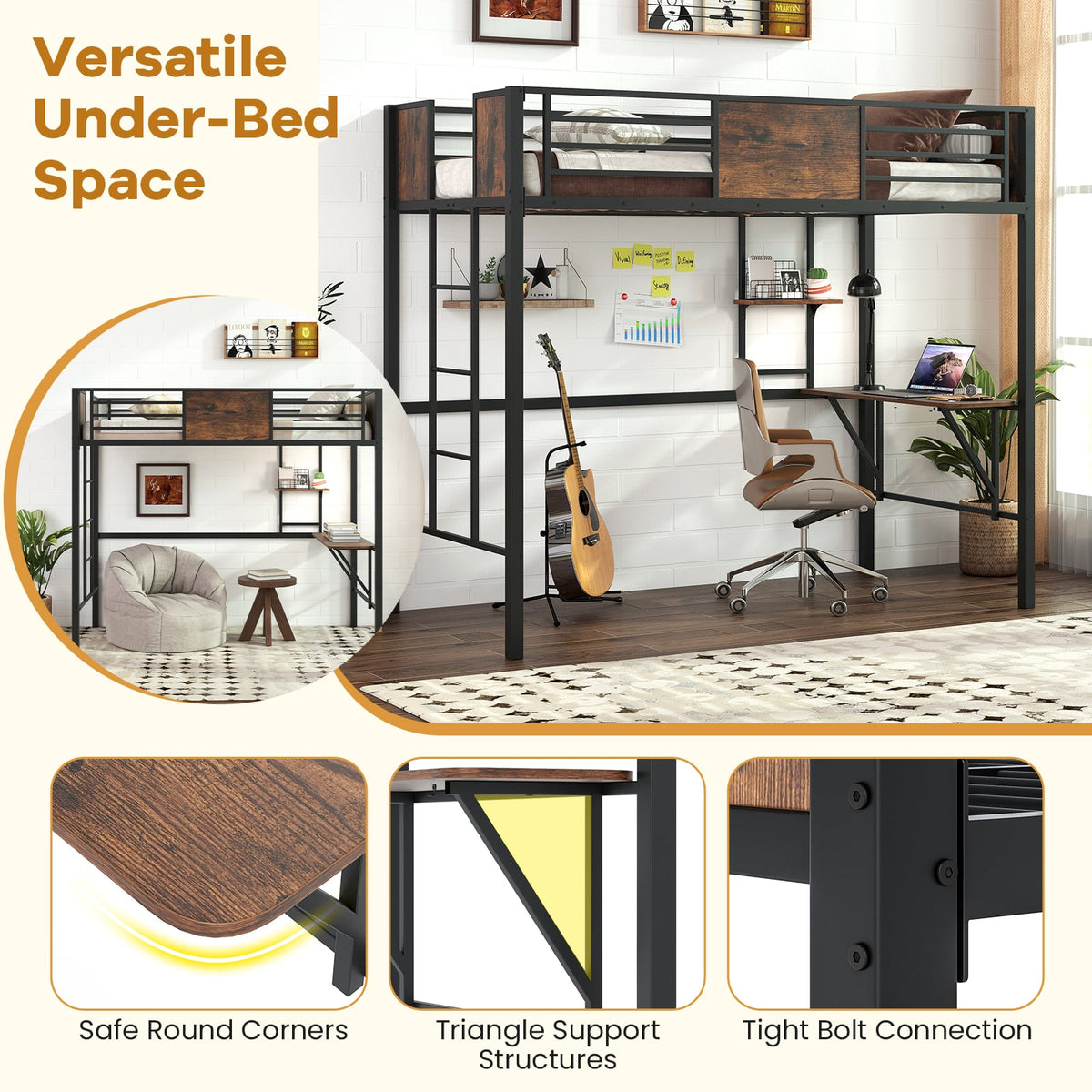 Space-Saving Twin Loft Bed with Safety Guardrail and Ladder-Coffee-Simple Bed Frame-DECOROLALA