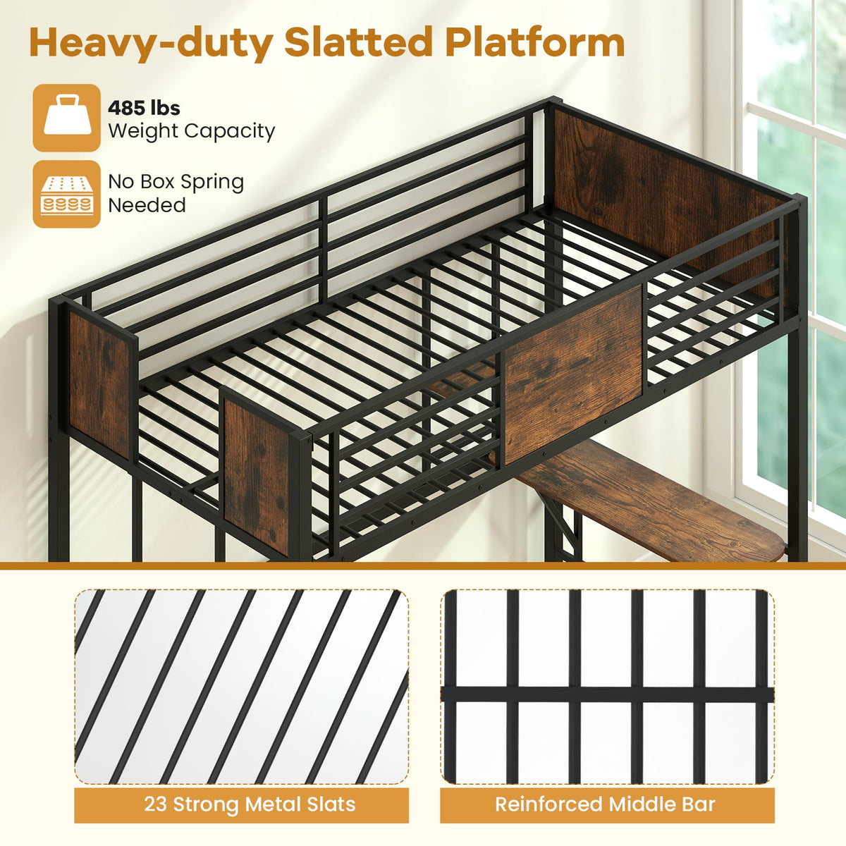 Space-Saving Twin Loft Bed with Safety Guardrail and Ladder-Coffee-Simple Bed Frame-DECOROLALA