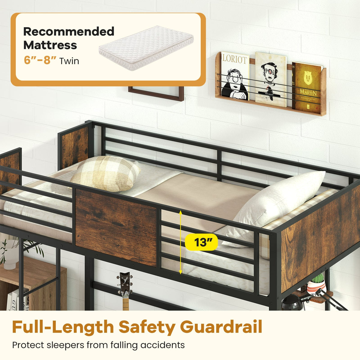 Space-Saving Twin Loft Bed with Safety Guardrail and Ladder-Coffee-Simple Bed Frame-DECOROLALA