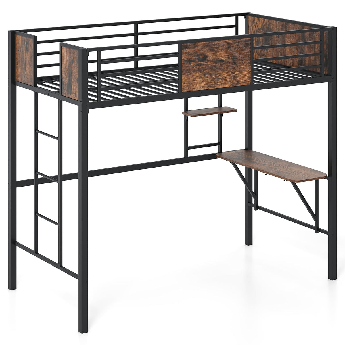 Space-Saving Twin Loft Bed with Safety Guardrail and Ladder-Coffee-Simple Bed Frame-DECOROLALA