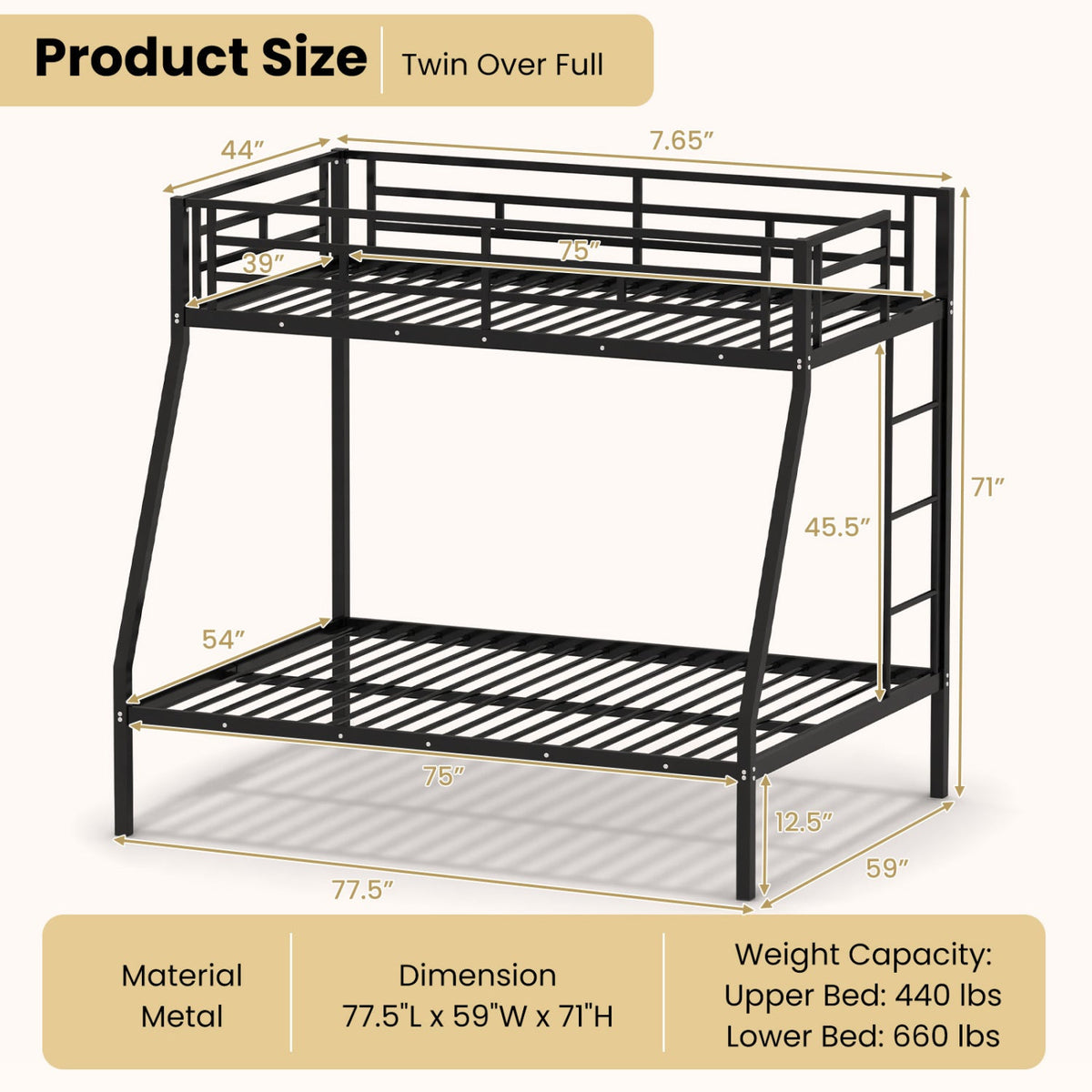 Space-saving Metal Slatted Bed Frame for Teens and Adults Noise-free No Box Spring Needed-Bunk Bed Frame-DECOROLALA
