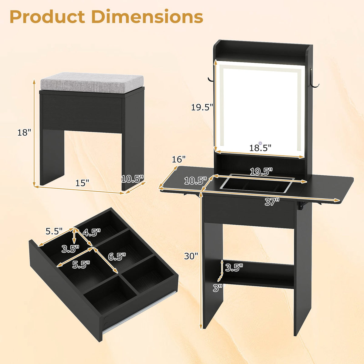 Space-saving Vanity Desk with Mirror and Lights for Bedroom-Black-Makeup Vanities-DECOROLALA