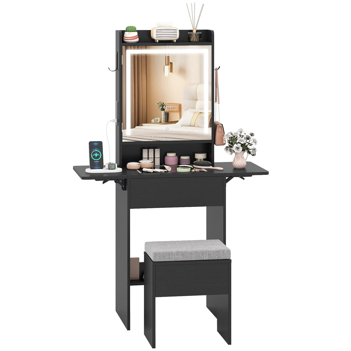 Space-saving Vanity Desk with Mirror and Lights for Bedroom-Black-Makeup Vanities-DECOROLALA