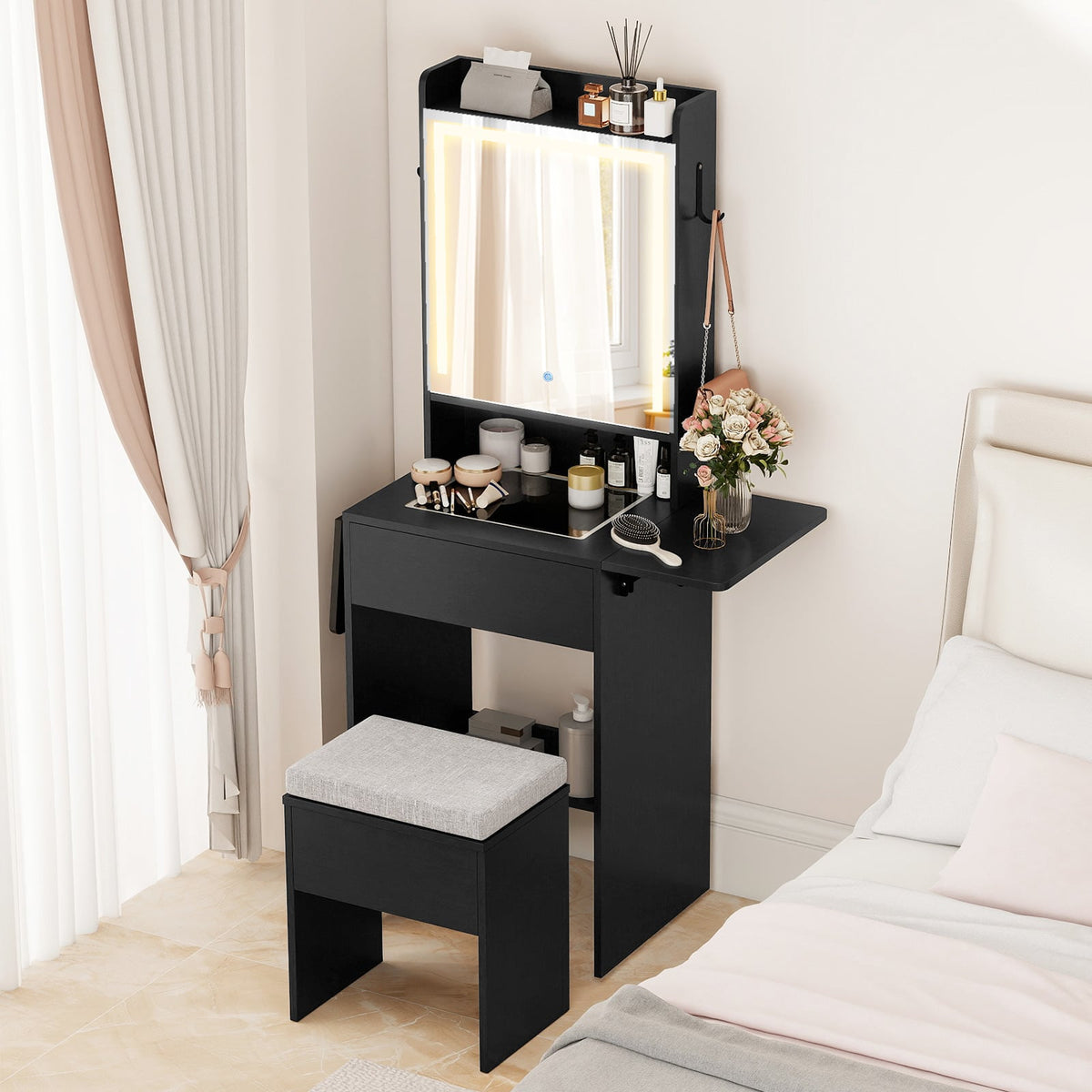 Space-saving Vanity Desk with Mirror and Lights for Bedroom-Black-Makeup Vanities-DECOROLALA