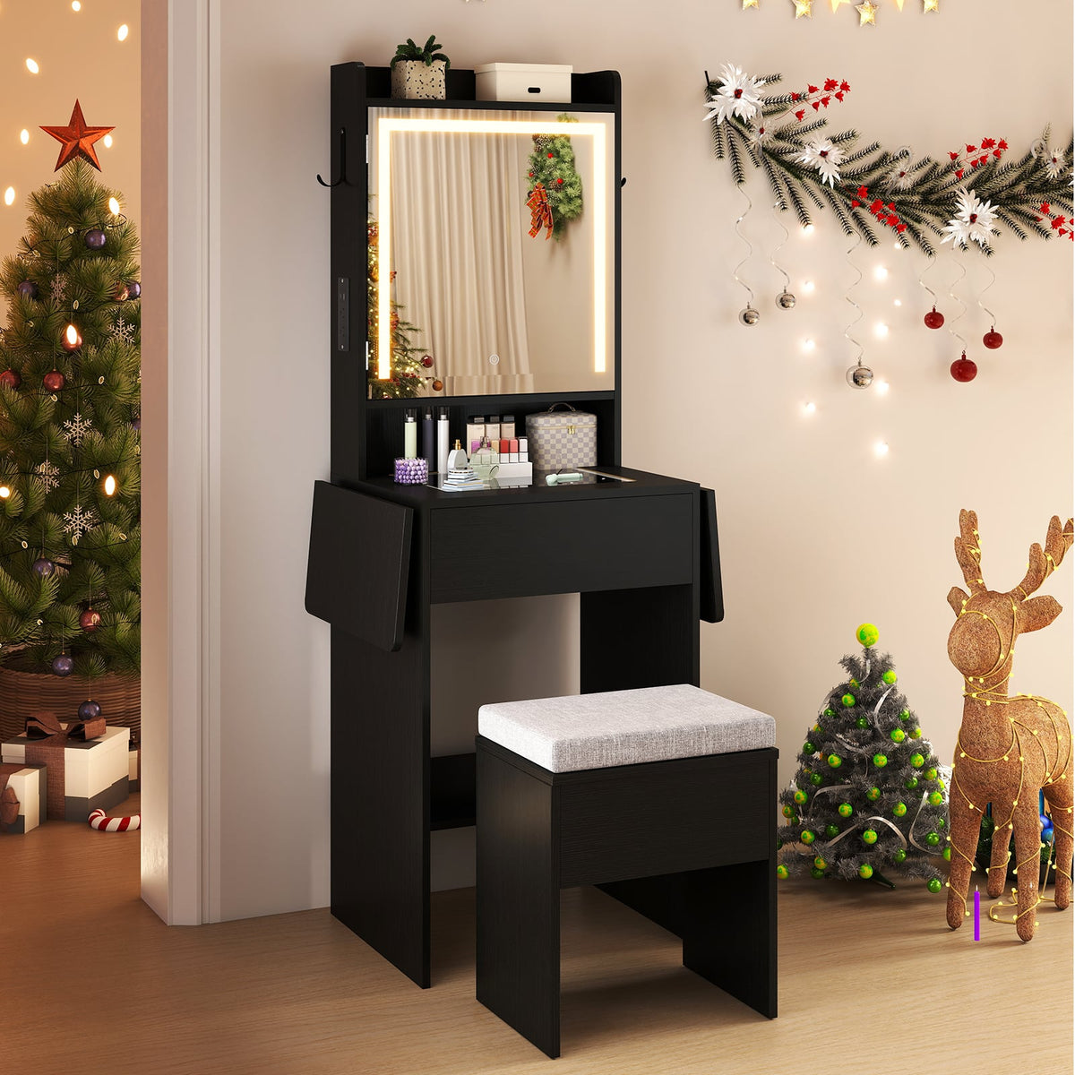 Space-saving Vanity Desk with Mirror and Lights for Bedroom-Black-Makeup Vanities-DECOROLALA