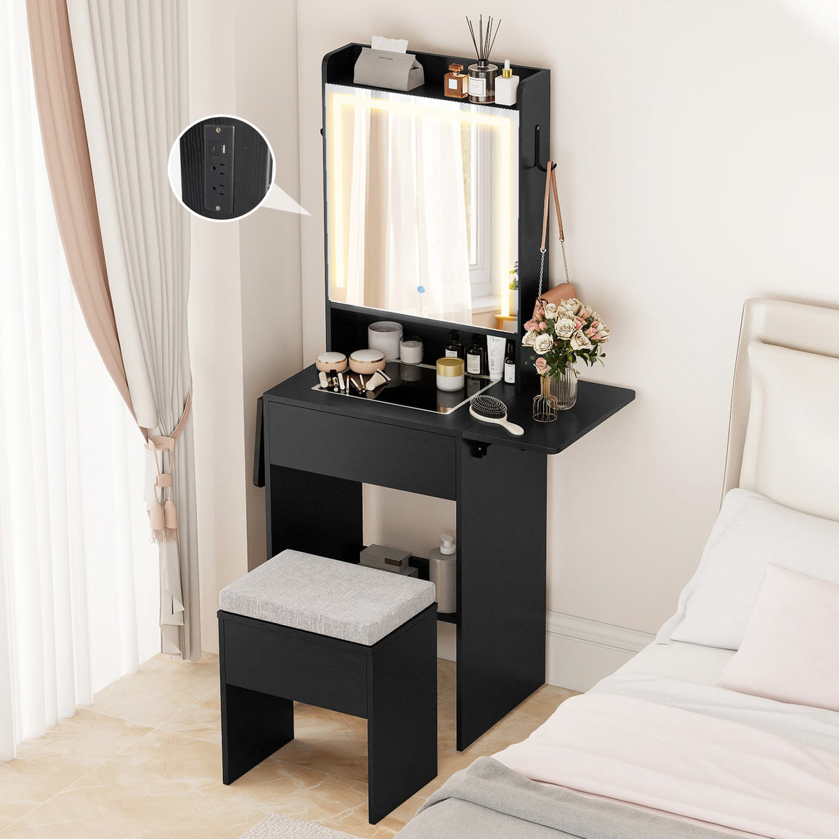 Space-saving Vanity Desk with Mirror and Lights for Bedroom-Black-Makeup Vanities-DECOROLALA