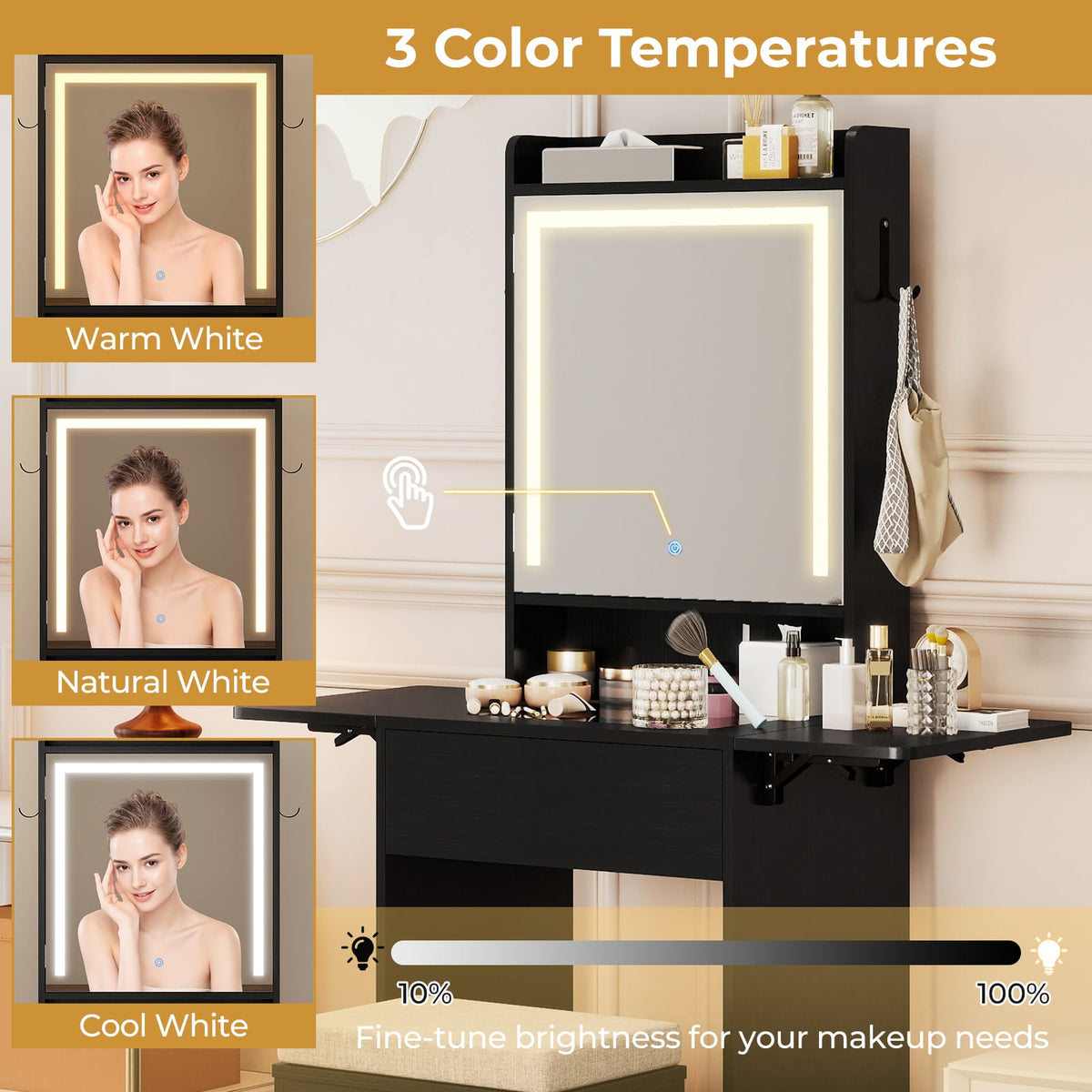 Space-saving Vanity Desk with Mirror and Lights for Bedroom-Black-Makeup Vanities-DECOROLALA