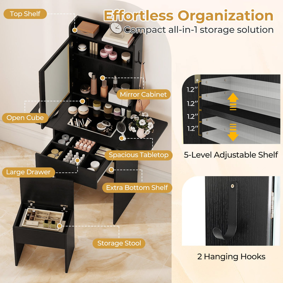 Space-saving Vanity Desk with Mirror and Lights for Bedroom-Black-Makeup Vanities-DECOROLALA