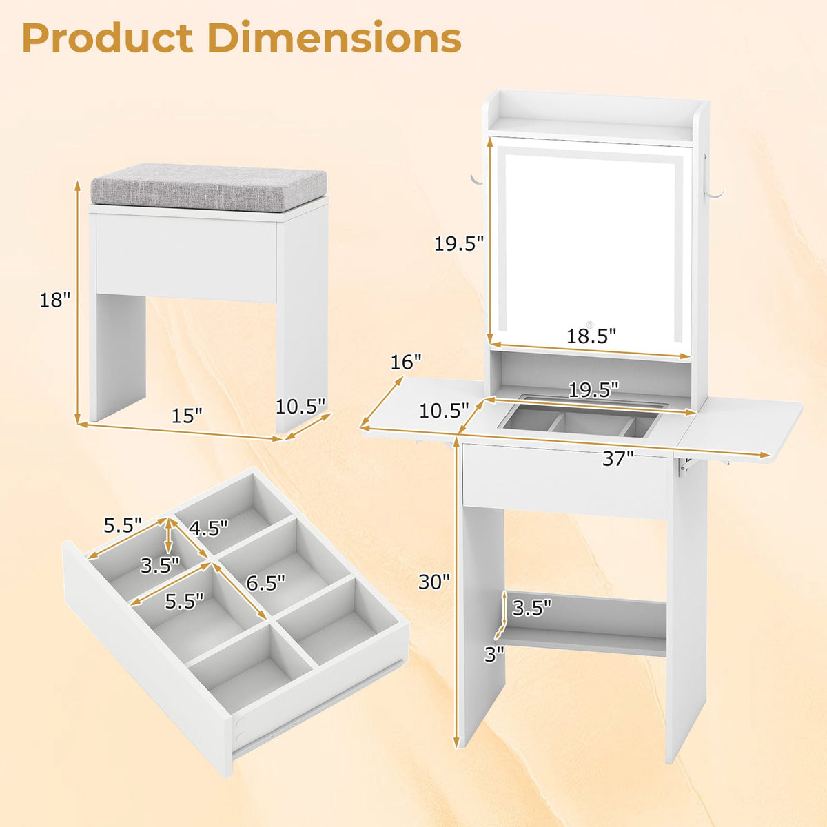 Space-saving Vanity Desk with Mirror and Lights for Bedroom-White-Makeup Vanities-DECOROLALA