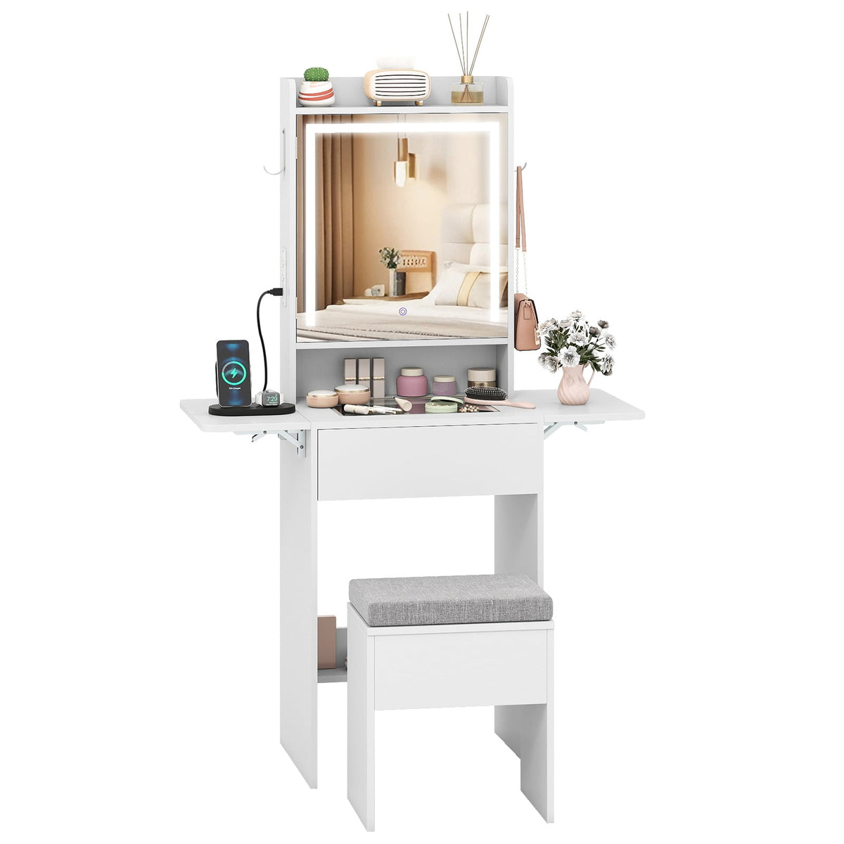 Space-saving Vanity Desk with Mirror and Lights for Bedroom-White-Makeup Vanities-DECOROLALA