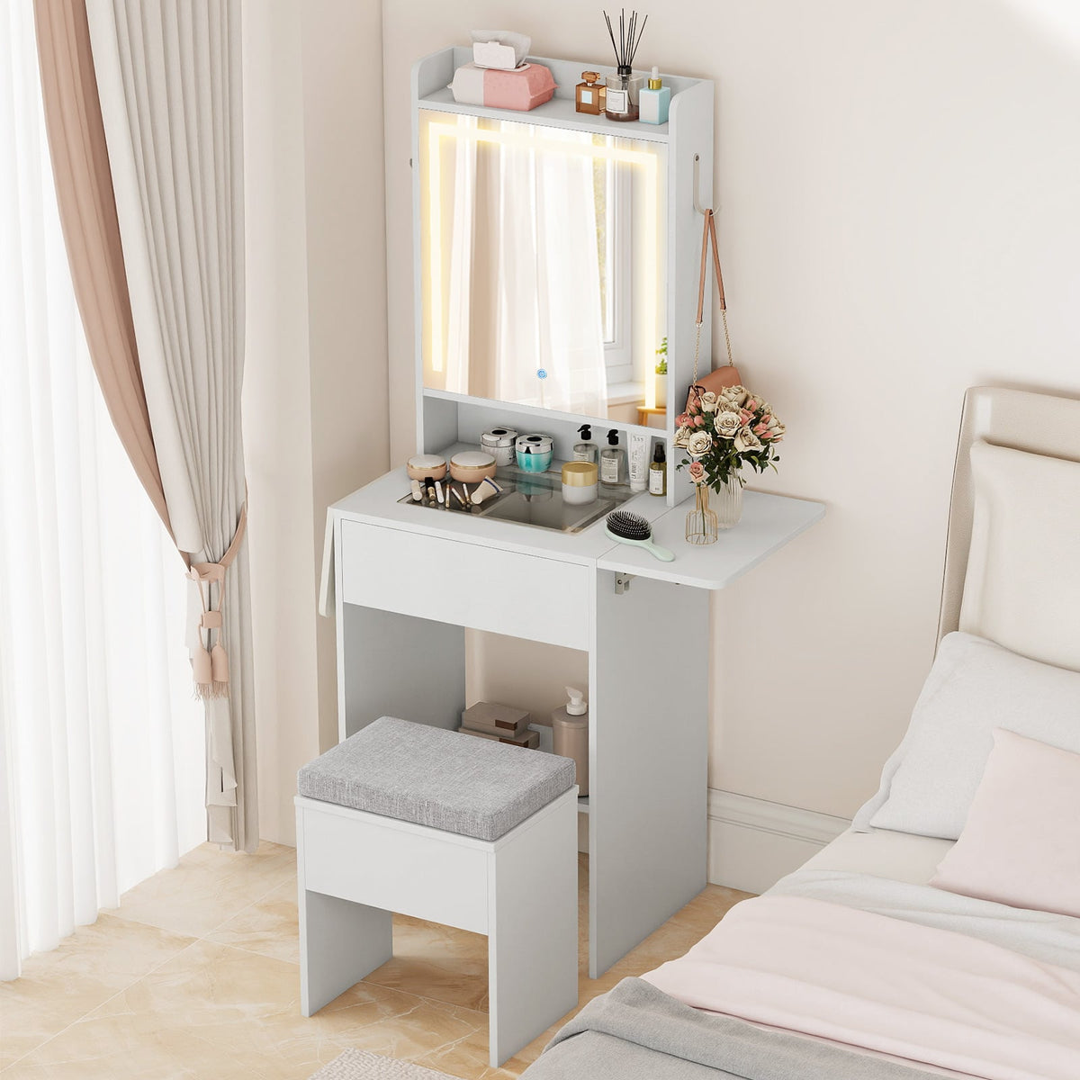 Space-saving Vanity Desk with Mirror and Lights for Bedroom-White-Makeup Vanities-DECOROLALA