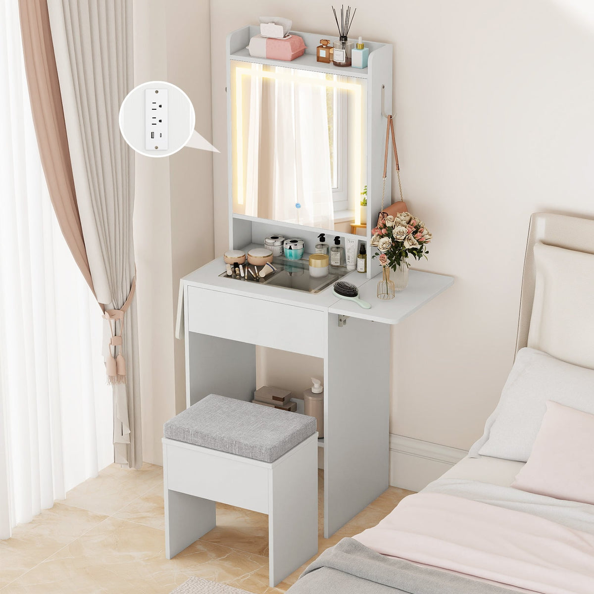 Space-saving Vanity Desk with Mirror and Lights for Bedroom-White-Makeup Vanities-DECOROLALA