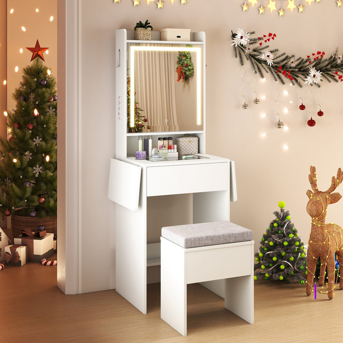 Space-saving Vanity Desk with Mirror and Lights for Bedroom-White-Makeup Vanities-DECOROLALA
