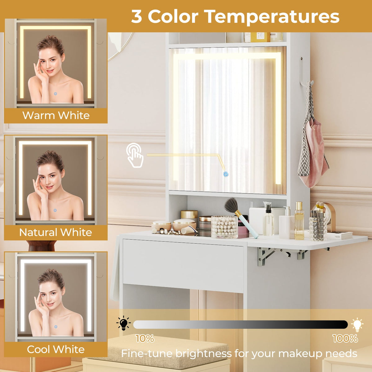 Space-saving Vanity Desk with Mirror and Lights for Bedroom-White-Makeup Vanities-DECOROLALA
