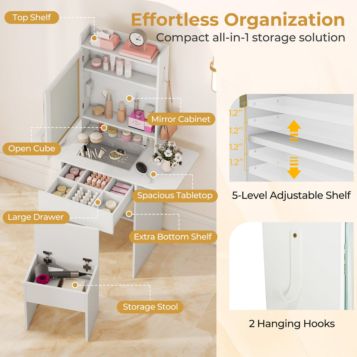 Space-saving Vanity Desk with Mirror and Lights for Bedroom-White-Makeup Vanities-DECOROLALA