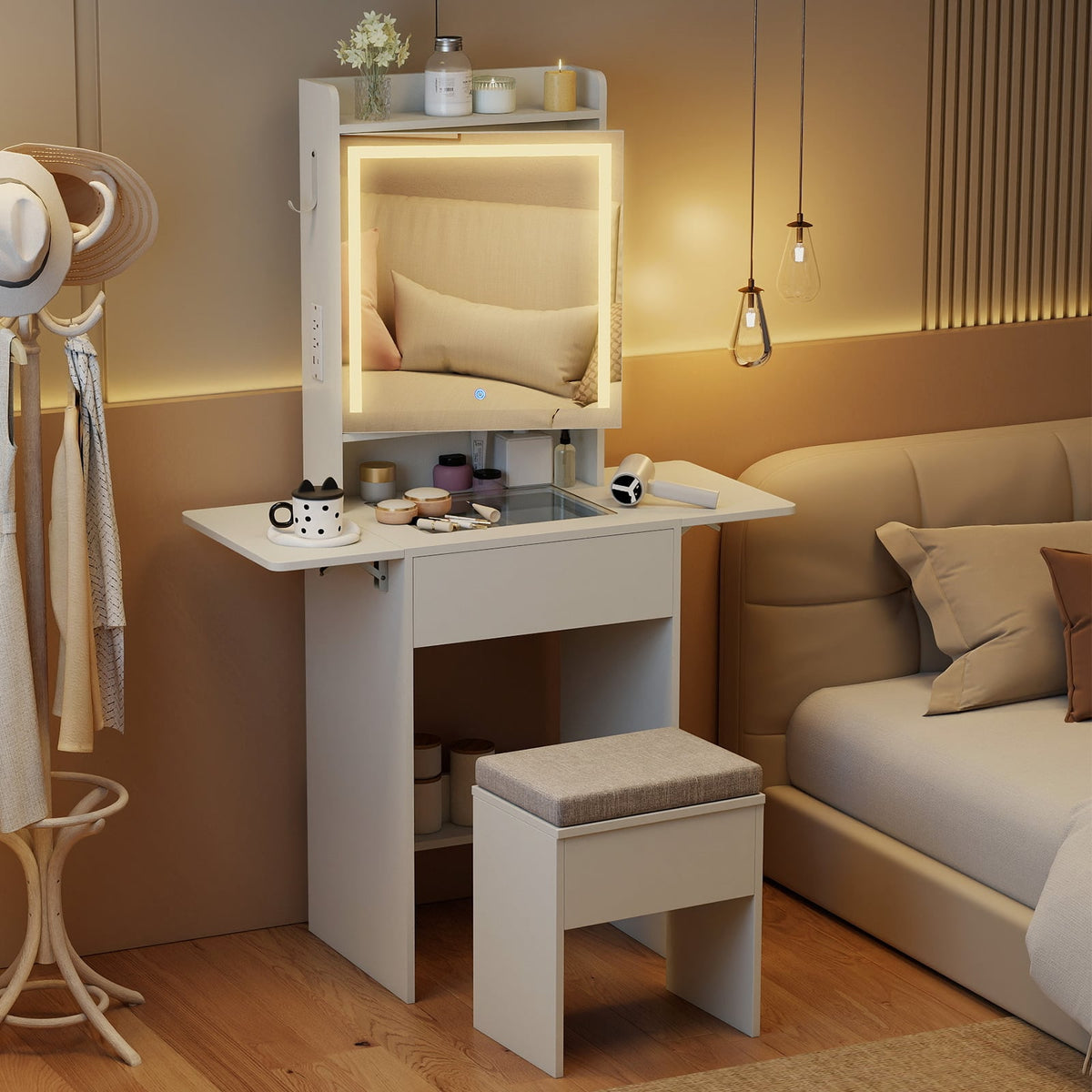 Space-saving Vanity Desk with Mirror and Lights for Bedroom-White-Makeup Vanities-DECOROLALA
