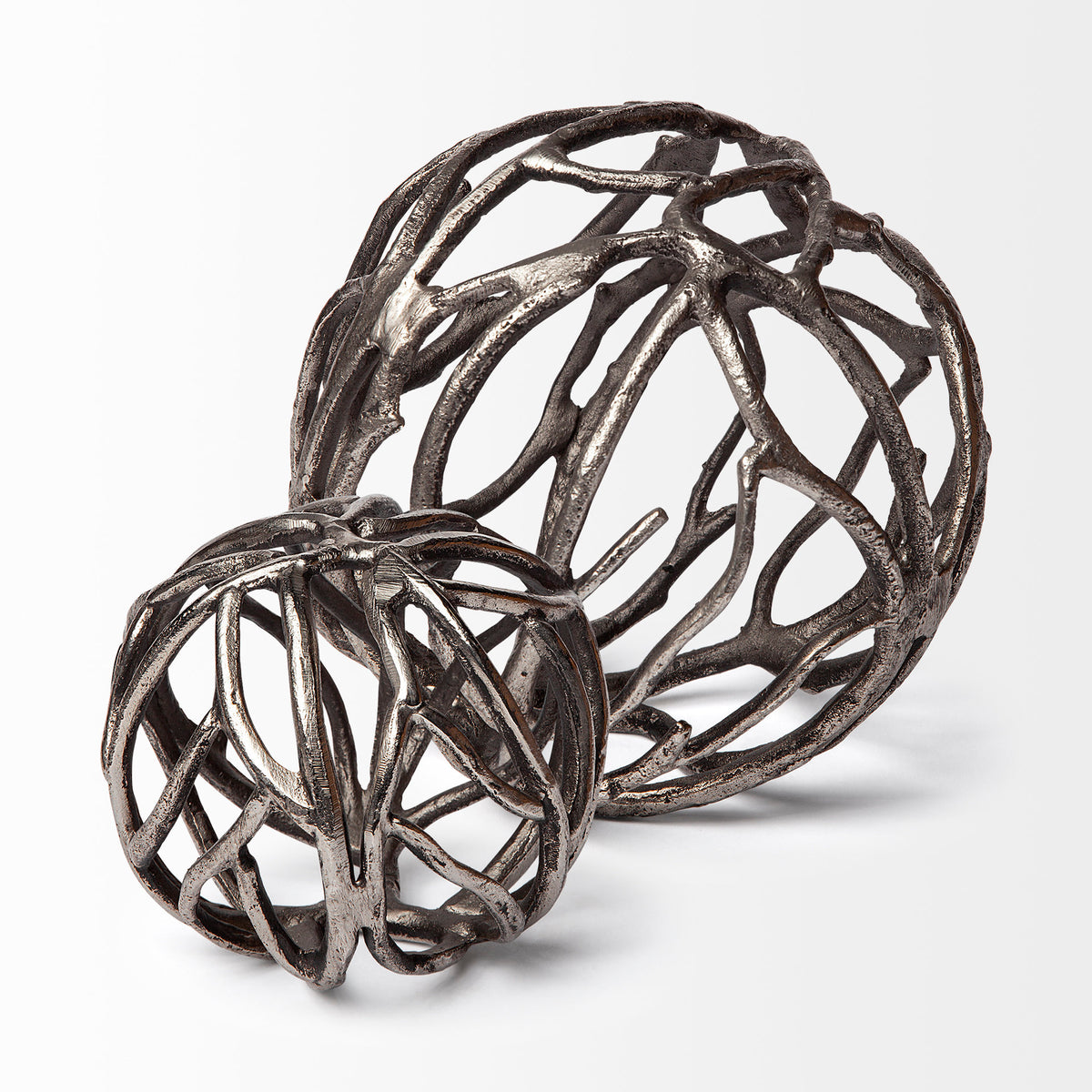 Sphaira II Large 7L x 7W Silver Cast Aluminum Decorative Tree Branch Orb-Objects-DECOROLALA