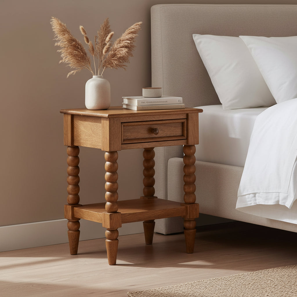 Spindle Bedside Table - Amber Oak Solid Mango Wood-Nightstand-DECOROLALA