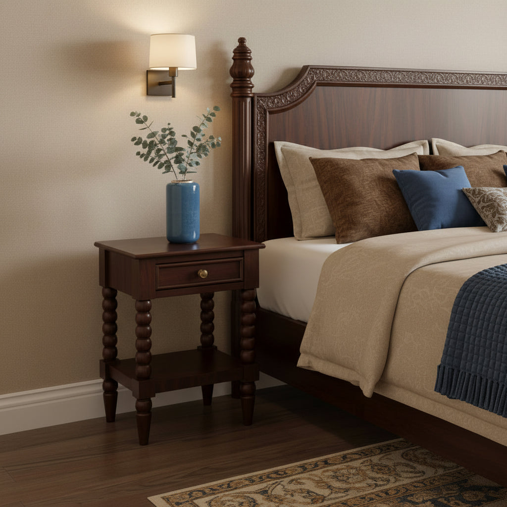 Spindle Winewood Bedside Table - Solid Mango Wood with Drawer-Nightstand-DECOROLALA