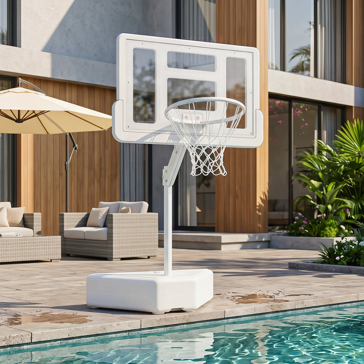 Splash & Shoot Pool Basketball Hoop with Adjustable Height & 2 Balls and Pump-White-Sporting Goods-DECOROLALA