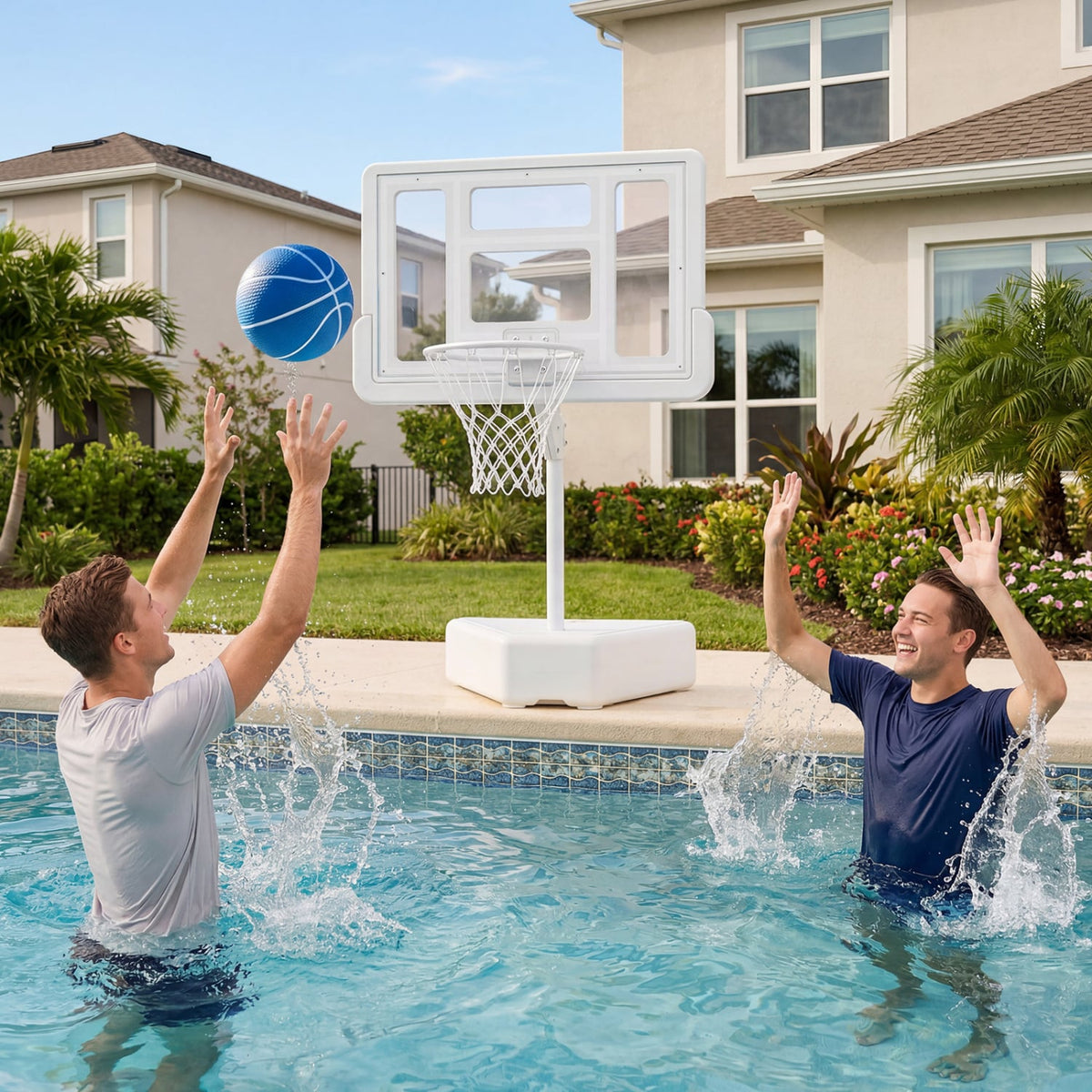 Splash & Shoot Pool Basketball Hoop with Adjustable Height & 2 Balls and Pump-White-Sporting Goods-DECOROLALA