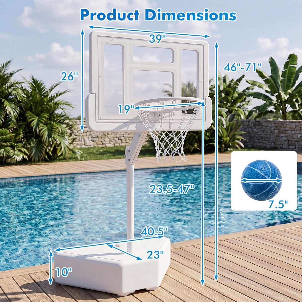 Splash & Shoot Pool Basketball Hoop with Adjustable Height & 2 Balls and Pump-White-Sporting Goods-DECOROLALA