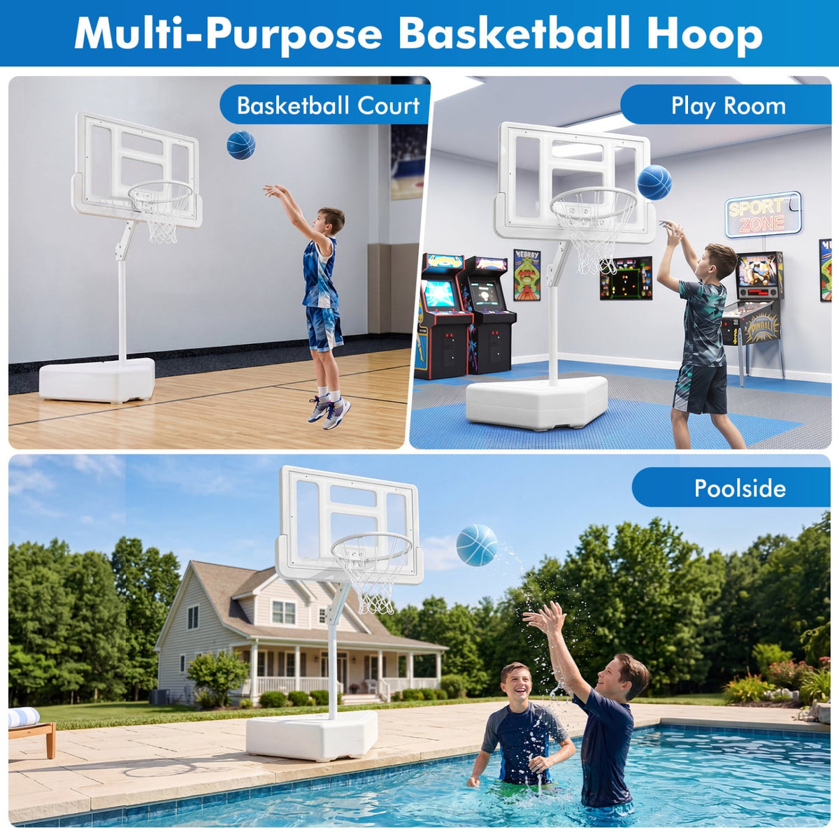 Splash & Shoot Pool Basketball Hoop with Adjustable Height & 2 Balls and Pump-White-Sporting Goods-DECOROLALA