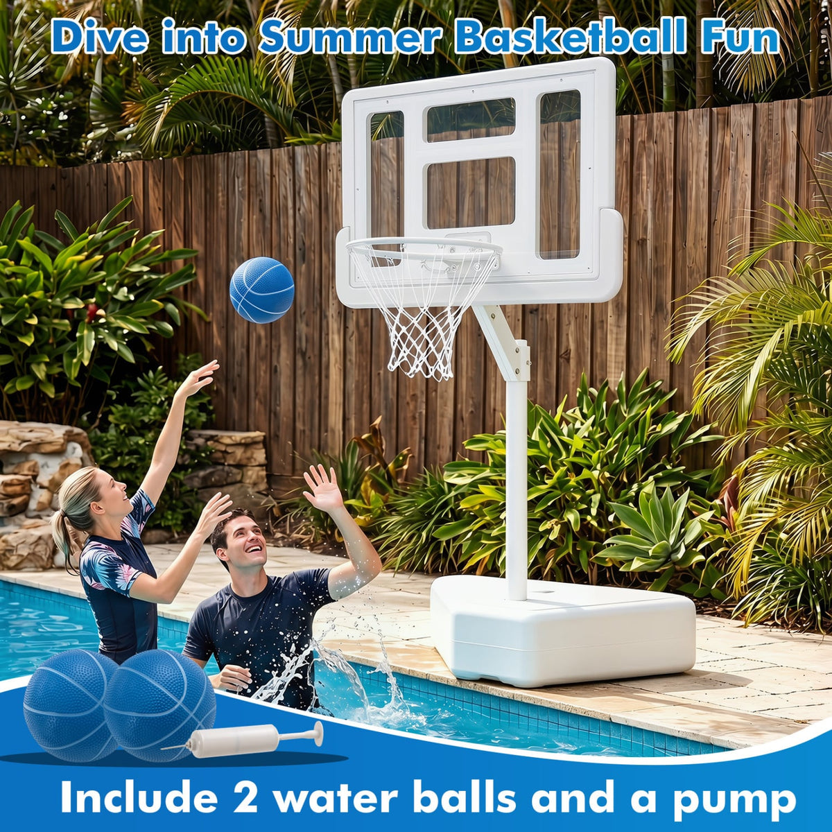 Splash & Shoot Pool Basketball Hoop with Adjustable Height & 2 Balls and Pump-White-Sporting Goods-DECOROLALA