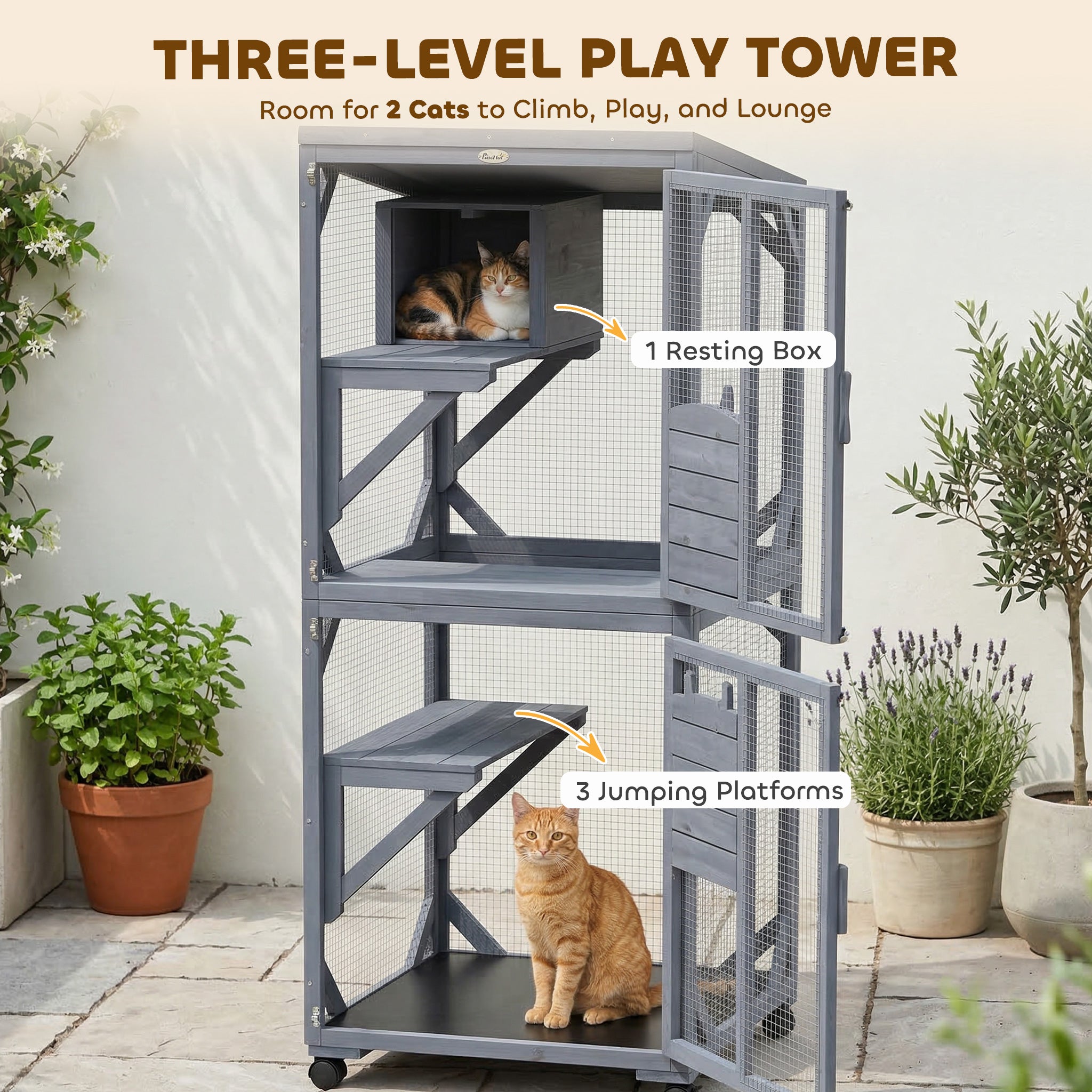 Movable Catio Outdoor Cat Enclosure with Resting Box, 3 Jumping Platforms, Waterproof Asphalt Roof for Outdoor Indoor