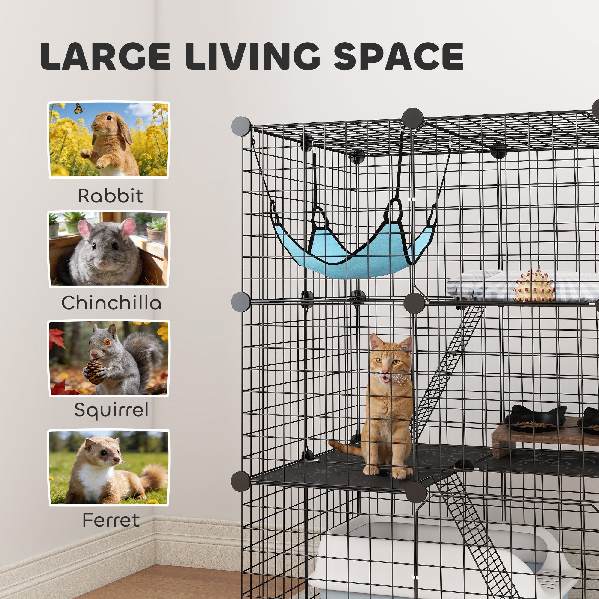 3 Tier Cat Cage Crate, DIY Pet Playpen with 3 Doors, Ladders, Hammock, Platforms, Indoor Playpen for Kittens, Black