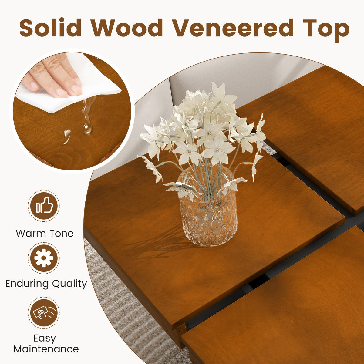Square Coffee Table Mid Century Modern Center Table-Walnut-Coffee Tables-DECOROLALA