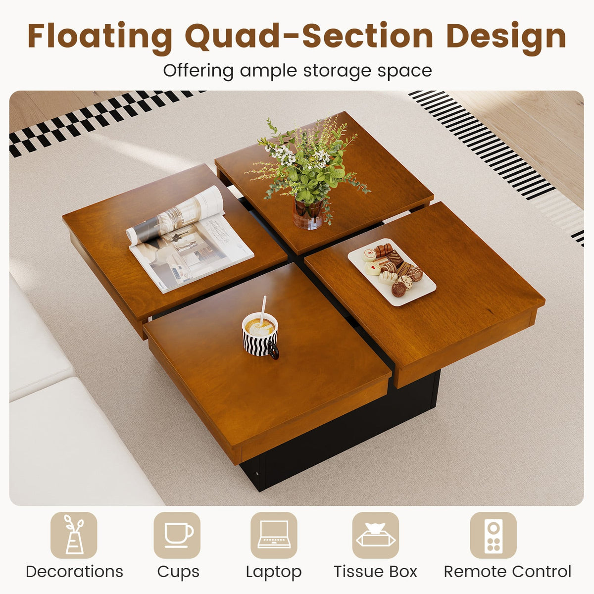 Square Coffee Table Mid Century Modern Center Table-Walnut-Coffee Tables-DECOROLALA