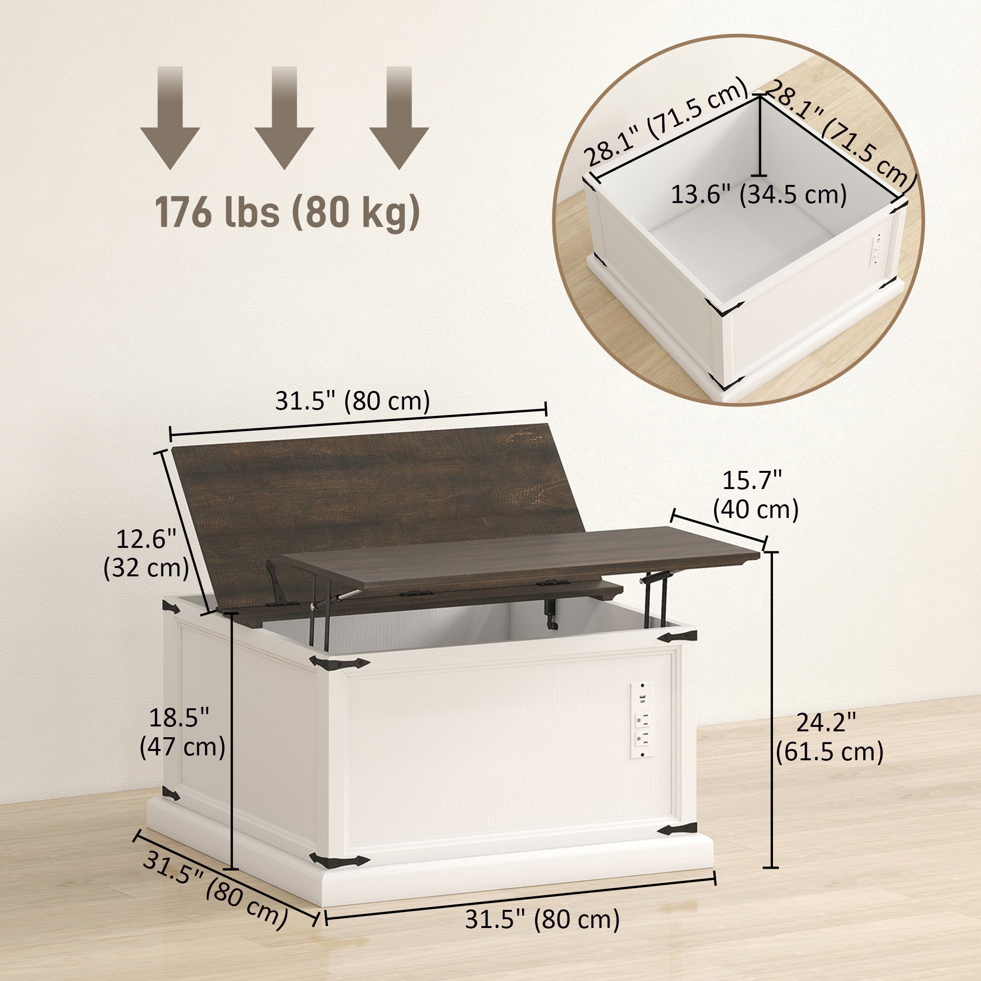 Square Lift Top Coffee Table with Charging Station - White-DECOROLALA