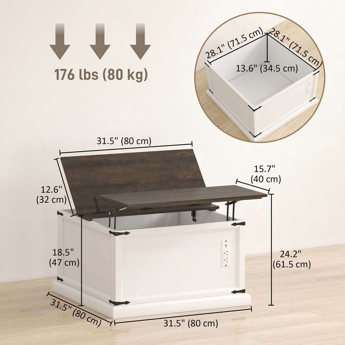 Square Lift Top Coffee Table with Charging Station - White-DECOROLALA